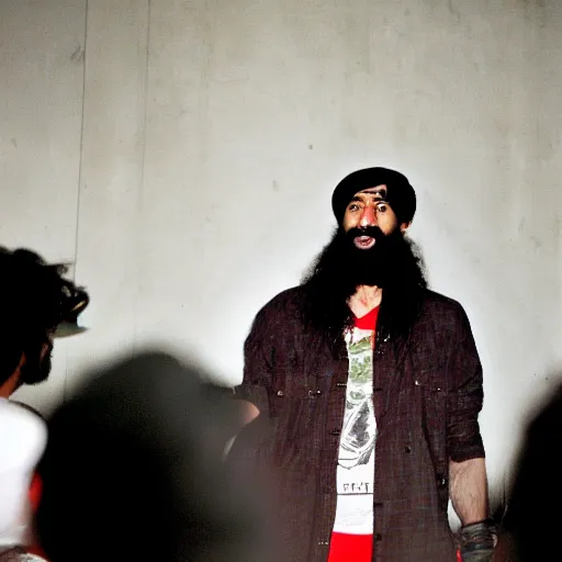 Prompt: osama bin ladin 4 k photo rapping at an underground hyperpop show.