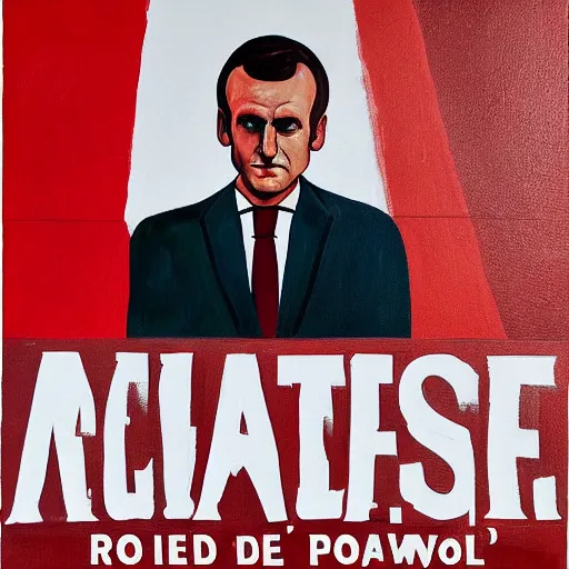 Prompt: painting close portrait of a very serious Emmanuel Macron with text