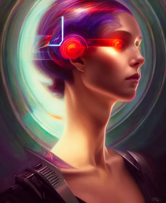 Image similar to a whirlwind of souls rushing inside the metaverse, hologram, half body, neurochip, shaved temple, piercing, jewelry, android, cyborg, cyberpunk face, by loish, d & d, fantasy, intricate, elegant, highly detailed, colorful, digital painting, artstation, concept art, art by artgerm and greg rutkowski and alphonse mucha