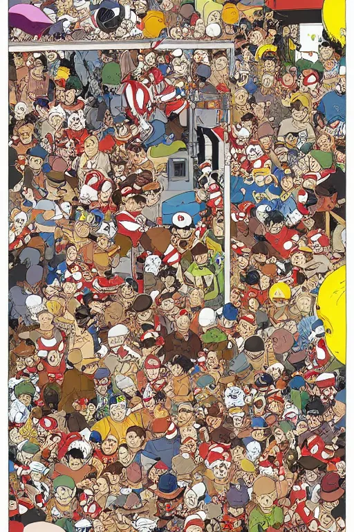 Prompt: full page illustration where\'s waldo?, by Katsuhiro Otomo, Geof Darrow, color, 8k, hd, high resolution print