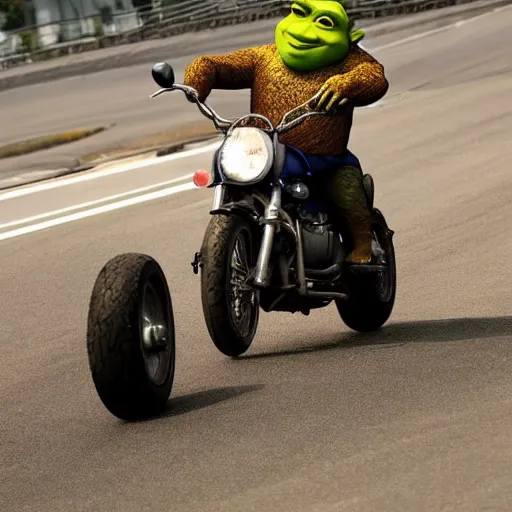 Image similar to shrek doing motorcycle wheelie