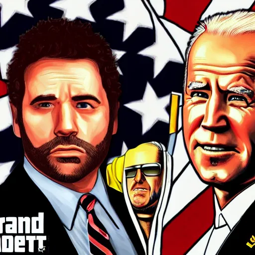 Image similar to joe biden and seth rogan in the style of grand theft auto v cover art