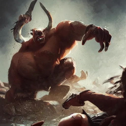 Prompt: barbarian fist fight wild boar, 8 k, trending on by tooth wu and greg rutkowski