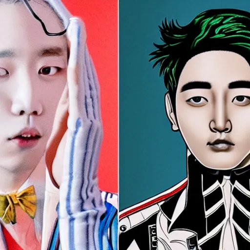 Image similar to kim kibum from shinee using a skeleton key to unlock his red front door, in the art style of alex gross