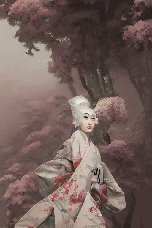 Image similar to the oriental female bionic artificial intelligence geisha in kimono is white, tender and beautiful. behind it is a japanese tatami room painted with a wave ukiyo screen, game character concept art, wide view, high detailed, craig mullins, peter mohrbacher, unreal engine, 8 k, dark beauty, trending on artstation