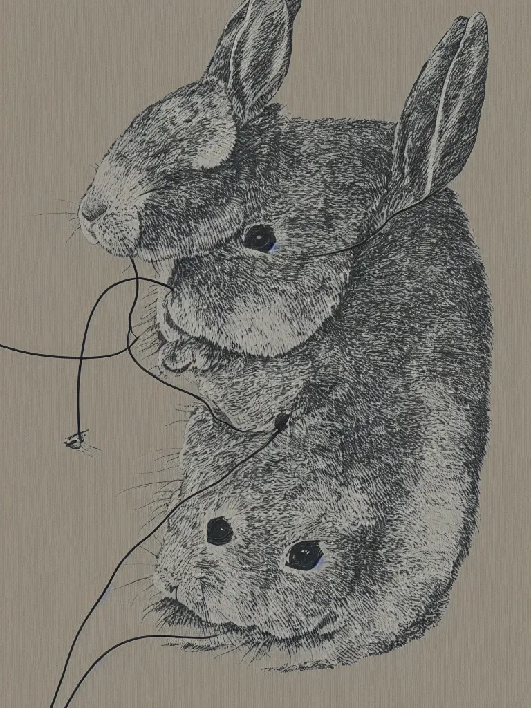 Image similar to screen print of a rabbit using laptop in nature, with wires