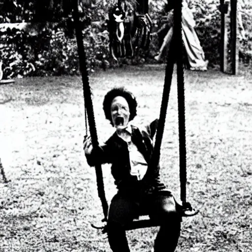Prompt: jigsaw from Saw films being pushed by his mother on the swing at a park