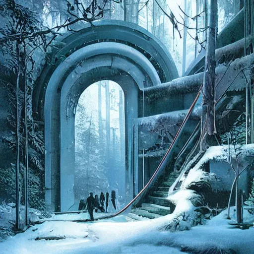 Image similar to stairs leading to a frozen derelict portal in a middle of a snowy lush futuristic forest, green lush world seen only through a portal, daylight, cinematic lighting, blue sky, syd mead, john harris