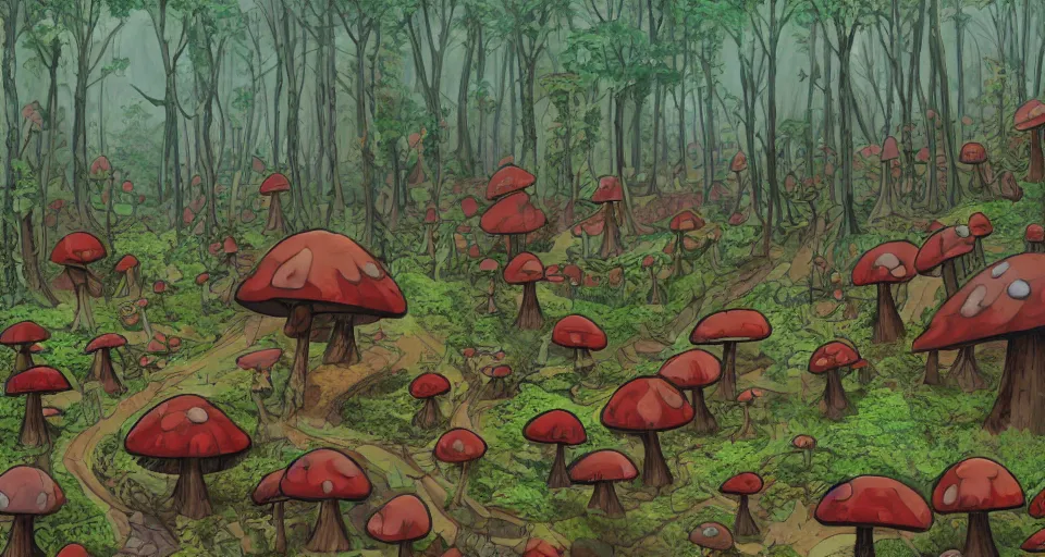 Image similar to A tribal village in a forest of giant mushrooms, by Esao Andrew
