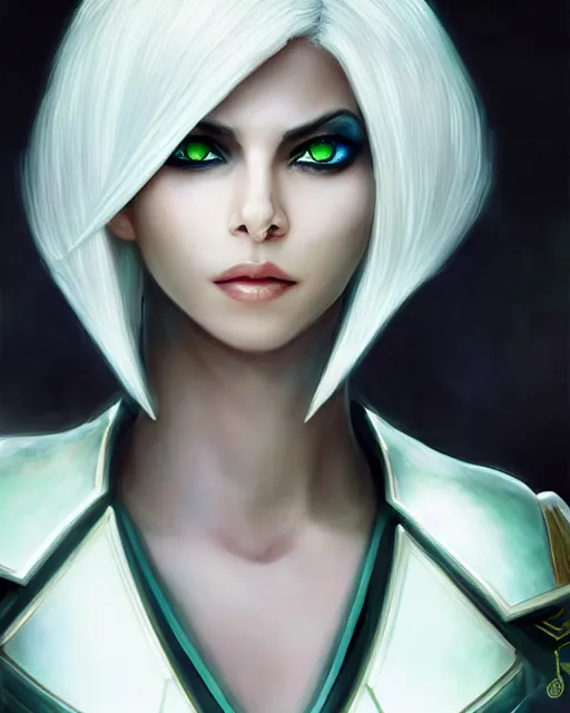 Image similar to perfect white haired attractive egyptian goddess, warframe armor, beautiful, symmetric, dreamy, half asian, pretty face, green eyes, charlize theron, detailed, scifi platform, laboratory, experiment, 4 k, ultra realistic, epic lighting, android body, illuminated, cinematic, masterpiece, art by akihito tsukushi, voidstar