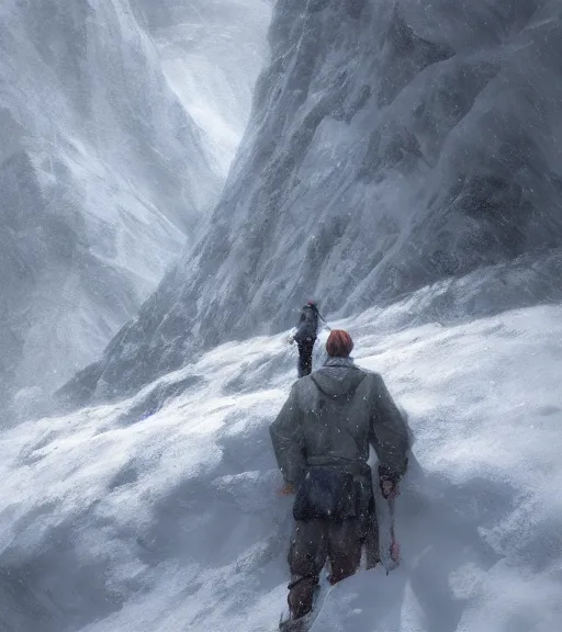 Prompt: a climber climbs a snowy mountain in a storm, close portrait, painting by craig mullins, octane rendering, soft morning lighting, wide angle lens, in the style of hayao miyazaki, trending on artstation,