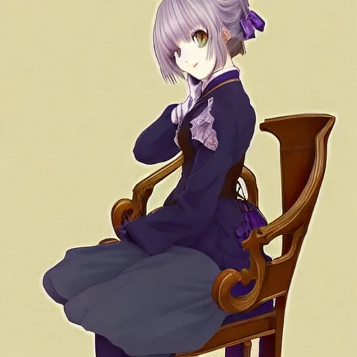 Prompt: a character portrait of violet evergarden, sitting down on a chair in a victorian home background, style of kyoto animations, trending on pixiv, anime, high detail, character accurate