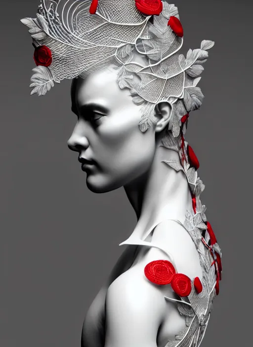 Image similar to complex 3d render ultra detailed of a beautiful porcelain profile young woman face, biomechanical cyborg, 200 mm lens, beautiful studio soft light, rim light, silver white gold red details, magnolia big leaves achromatic and stems, roots, fine foliage lace, mesh wire, Alexander Mcqueen high fashion haute couture, art nouveau fashion embroidered, intricate details, hyper realistic, ultra detailed, mandelbrot fractal, anatomical, facial muscles, cable wires, microchip, elegant, octane render, H.R. Giger style, 8k post-production, trending on Artstation