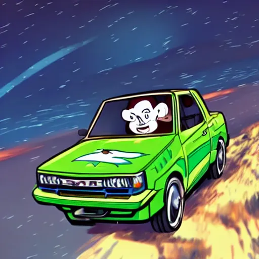 Image similar to scooby doo professionally drifting a nissan pulsar through windy roads in the hills, drawn anime style