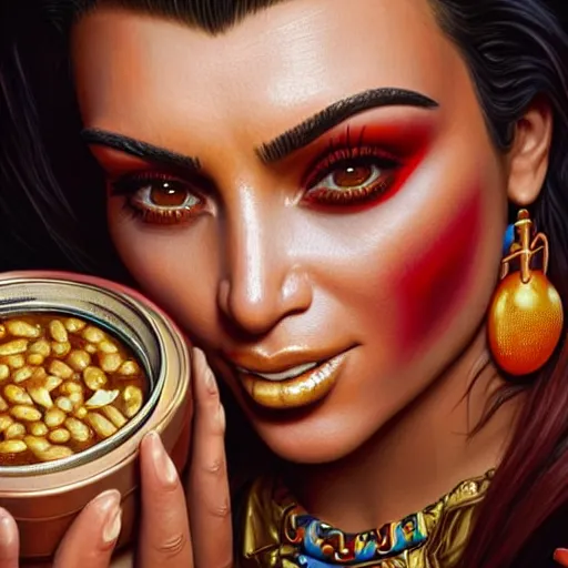 Image similar to Kim Kardashian in clown makeup eating out of a can of baked beans, closeup, D&D, fantasy, intricate, elegant, highly detailed, digital painting, artstation, concept art, matte, sharp focus, illustration, hearthstone, art by Artgerm and Greg Rutkowski and Alphonse Mucha