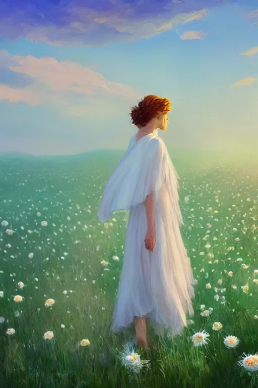 Image similar to giant white daisy flower veil, girl walking in a flower field, surreal photography, sunrise, dramatic light, impressionist painting, colorful clouds, digital painting, artstation, simon stalenhag