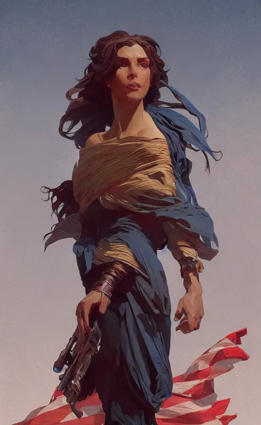 Prompt: personification of the united states of america, highly detailed, digital painting, artstation, concept art, sharp focus, illustration, art by greg rutkowski and alphonse mucha