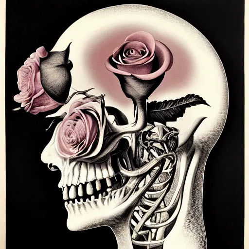 Prompt: surreal rose head anatomical atlas dissection center cut, lithography on paper conceptual figurative ( post - morden ) monumental dynamic soft shadow portrait drawn by hogarth and escher, inspired by goya, illusion surreal art, highly conceptual figurative art, intricate detailed illustration, controversial poster art, polish poster art, geometrical drawings, no blur