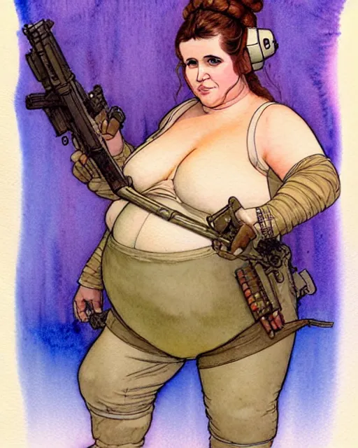 Prompt: a realistic and atmospheric watercolour fantasy character concept art portrait of a fat, chibi princess leia with pink eyes wearing a wife beater and holding a gun. by rebecca guay, michael kaluta, charles vess and jean moebius giraud