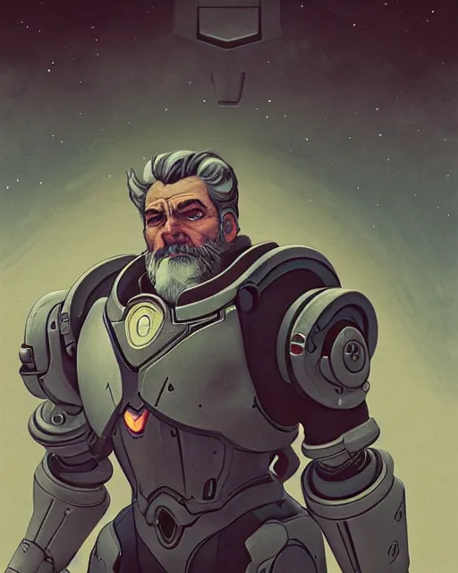 Image similar to reinhardt from overwatch, gray hair and beard, character portrait, portrait, close up, concept art, intricate details, highly detailed, vintage sci - fi poster, vintage sci - fi art, retro future, in the style of chris foss, rodger dean, moebius, michael whelan, and gustave dore