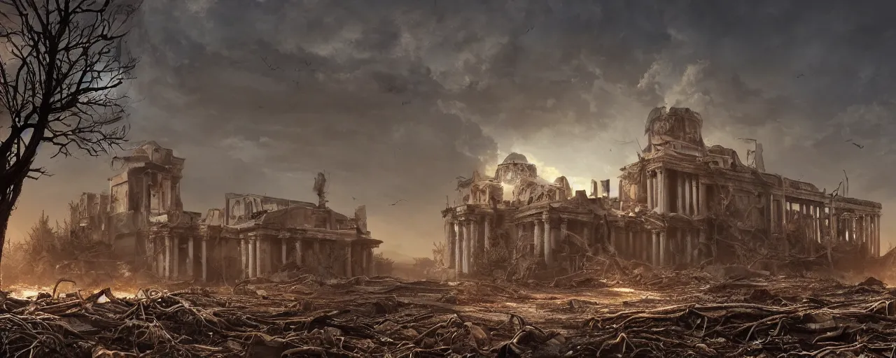 Prompt: A beautiful hyper realistic detailed matte painting of the destroyed Capitolium after nuclear bomb + post-apocalyptic landscape at early sunrise + a lot of debris and burned bushes and trees + by John Howe and Andreas Rocha and Martin Johnson Heade and Albert Bierstadt, Fallout style + unreal engine, trending on artstation, golden ratio, rectilinear