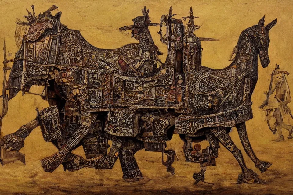 Prompt: a Trojan horse as if designed and built by a village of witches and shaman during the Iron Age, fantastic realism