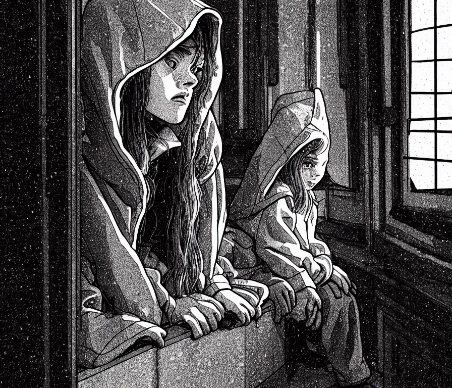 Image similar to sadie sink in hoodie sits on windowsill, knees tucked in | rain falls at night : storyboard, scifi cyberpunk. by joe alves, chris bonura. cinematic atmosphere, detailed and intricate, perfect anatomy