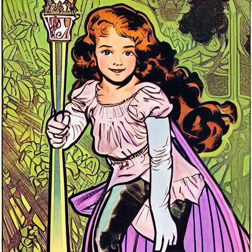 Prompt: a little girl with a mischievous face and short wavy curly brown hair. she is dressed as a knight. well composed, clean elegant painting, beautiful detailed face. comic book art by steve ditko and jack kirby and alphonse mucha