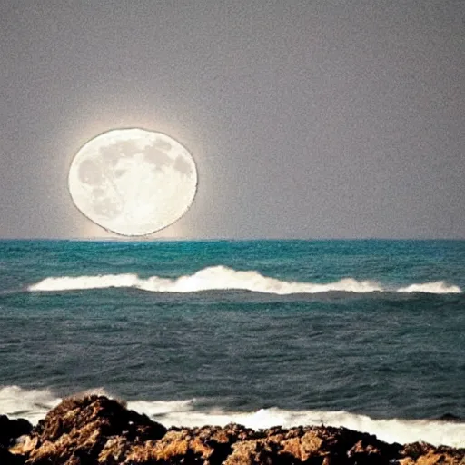 Prompt: moon crashing into the ocean, surreal, surreal-punk