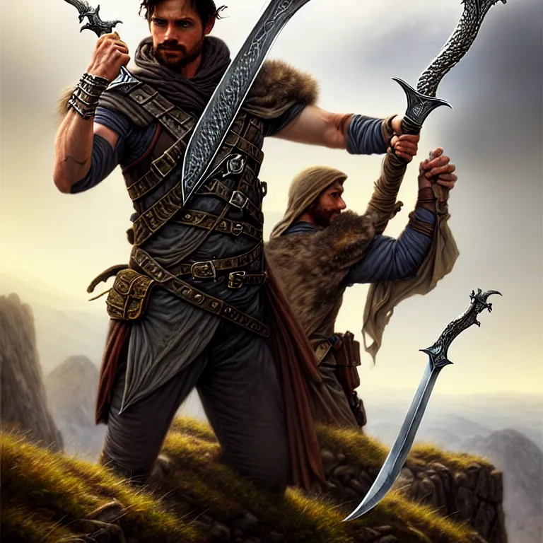 Image similar to middle d & d ranger with rugged expressions falcon pet on his shoulder holding a high detailed long sword, top a cliff observing old ruins of a castle, elegant clothing, photorealistic render, matte painting, highly detailed, artstation, smooth, sharp focus, art by michael whelan, artgerm, greg rutkowski, scrathed image