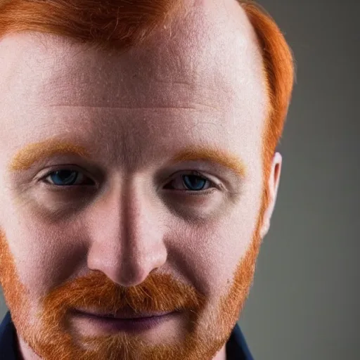 Image similar to photograph of a ginger male, middle aged balding superhero