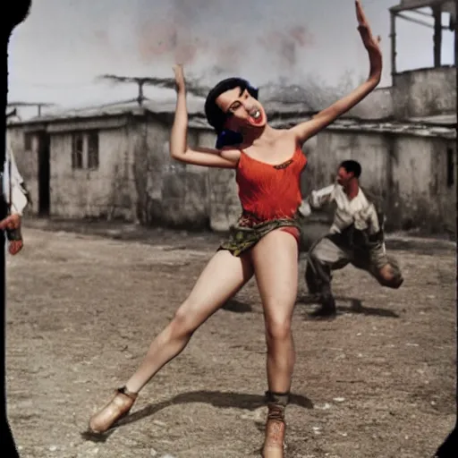 Image similar to shantae dancing in prison camp, wwii, full color photo