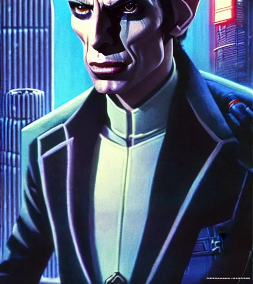 Image similar to a cyberpunk very ugly but sad mafia boss in a suit with slicked back black hair played by christen bale as an elf, 1 9 7 9 omni magazine cover, style by vincent di fate, artgerm, very coherent, hyper detailed, 4 k resolution, bright, unreal engine, daz