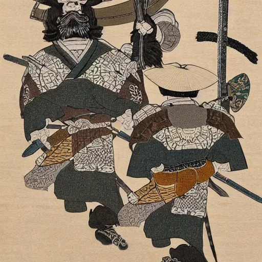 Image similar to samurai dwarves, japanese fine art, intricate details