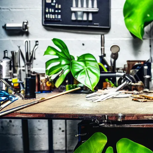 Prompt: A close-up shot of a metal table with laboratory tools and materials in an abandoned biopunk laboratory, plants everywhere, jungle themed, monstera, life, biological experiments,