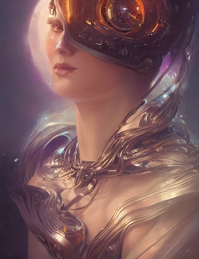 Image similar to futuristic woman portrait, sci-fi, amber eyes, face, long hair, fantasy, intricate, elegant, highly detailed, digital painting, artstation, concept art, smooth, sharp focus, illustration, art by artgerm and greg rutkowski and alphonse mucha