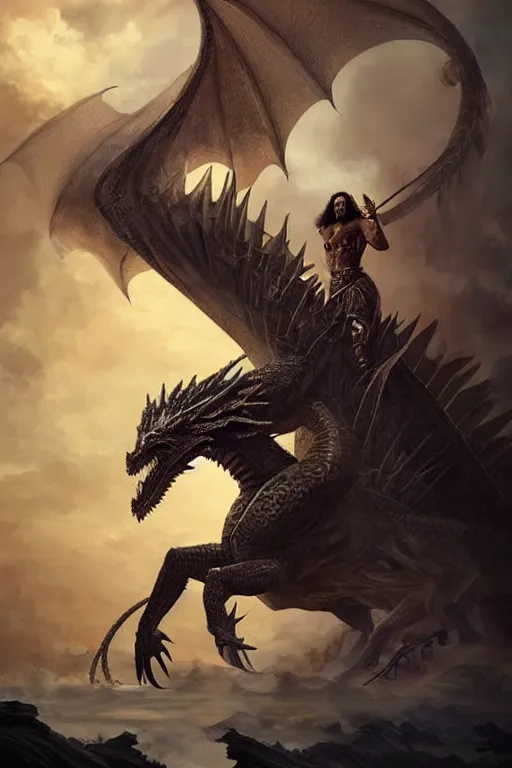 Image similar to beautiful, ethereal khal drogo ( jason momoa ) riding a dragon, intricate art deco dragon designs, elegant, highly detailed burning background, sharp focus, game of thrones art by artgerm and beeple and greg rutkowski and wlop