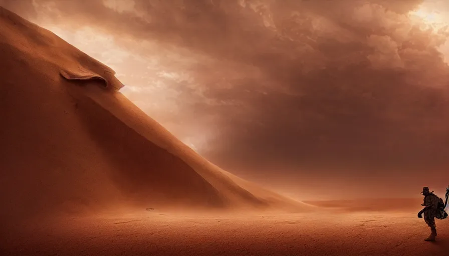 Image similar to giant sand deamon fighting beautiful digital painting of a soldier in a trench waiting for the war to end, in the sahara desert. cinematic lighting, atmospheric emotions by greg rutkowski,