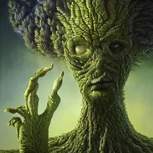 Image similar to masterpiece closeup portrait of Tree Plant-Person in a surreal dream landscape, cinematic lighting, Michael Whelan