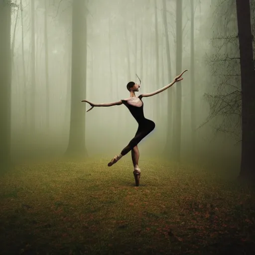 Prompt: an intricate ballerina in the middle of the forest, landscape, moody, fog, cinematic