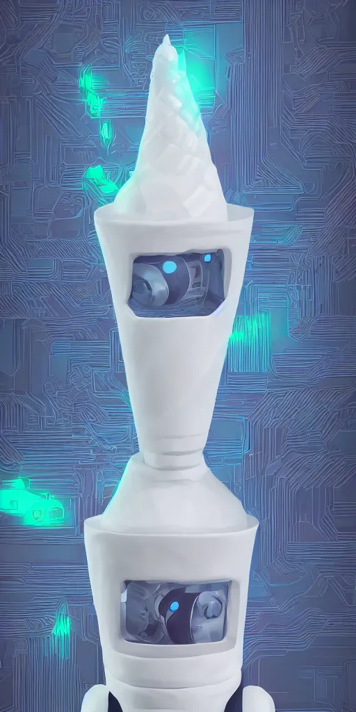 Image similar to robotic ice cream cone with 3 scoops of robotic ice cream, cyberpunk, professional, high quality, digital art, ue 5.