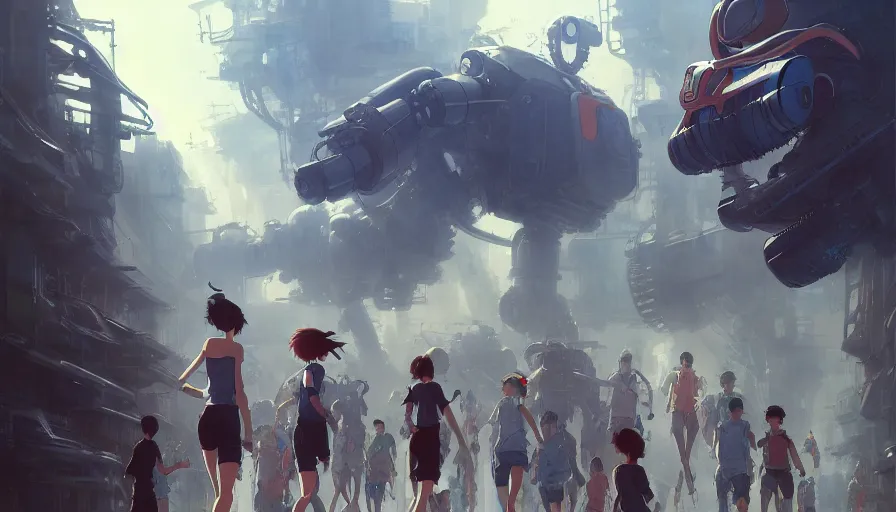 Image similar to marathon with running robots and people, studio ghibli yoshiyuki sadamoto artgerm greg rutkowski makoto shinkai, artstation