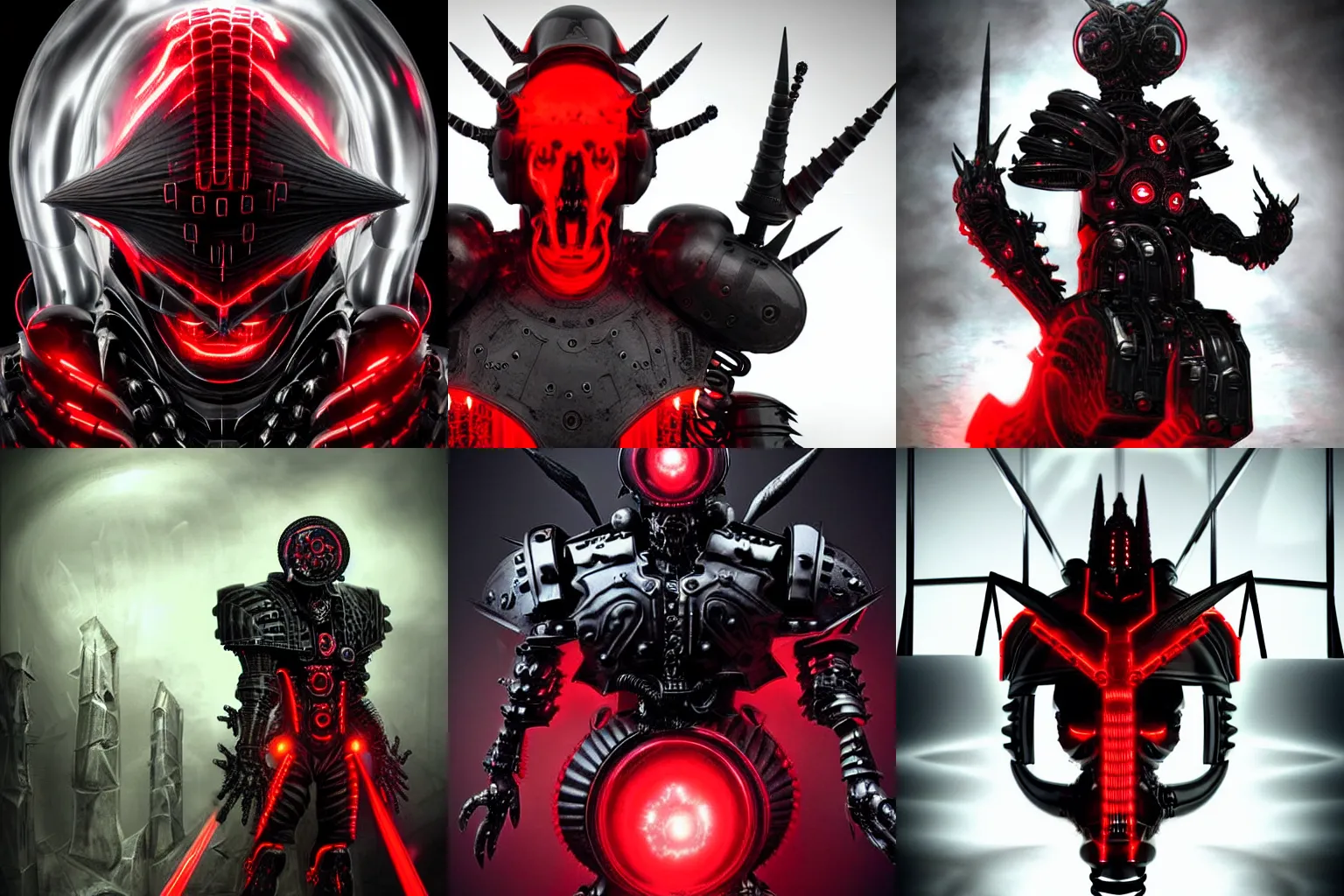 Prompt: terrifying ominous evil resonant genetically augmented high tech armored horned!!! roman helm in black and red, tall black spiralling jagged horns!!!!, full borg hyper detailed, third eye glass bubble on the forehead, high octane cybernetics, featured on cgsociety, ultra 4 k concept turnaround