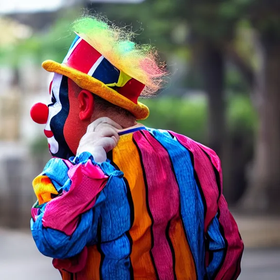 Image similar to clown crying while browsing twitter on his phone, photo taken from behind the clown