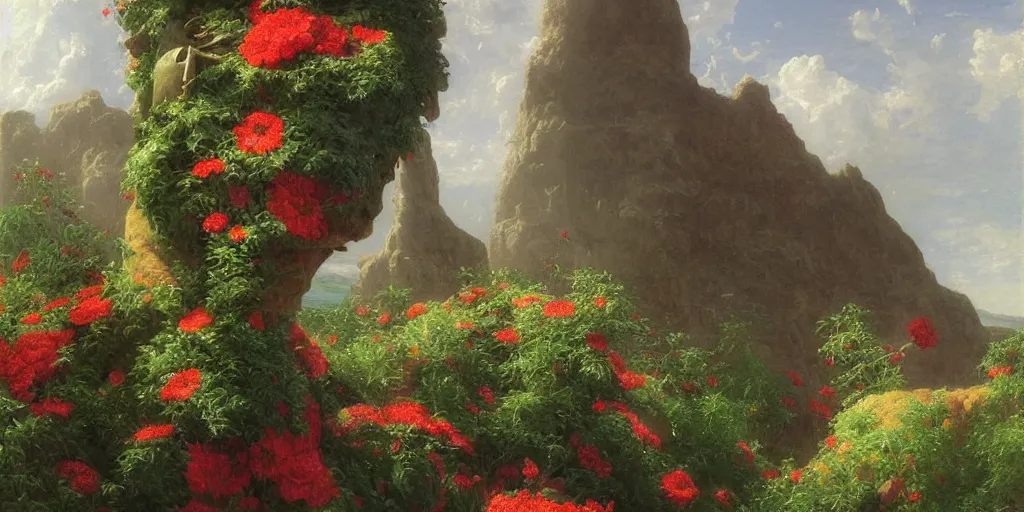 Prompt: Thomas Cole, artgem, Tyler Edlin and Jean Delville, wide angle, minimalistic, robot head with flowers growing out, highly detailed, masterpiece