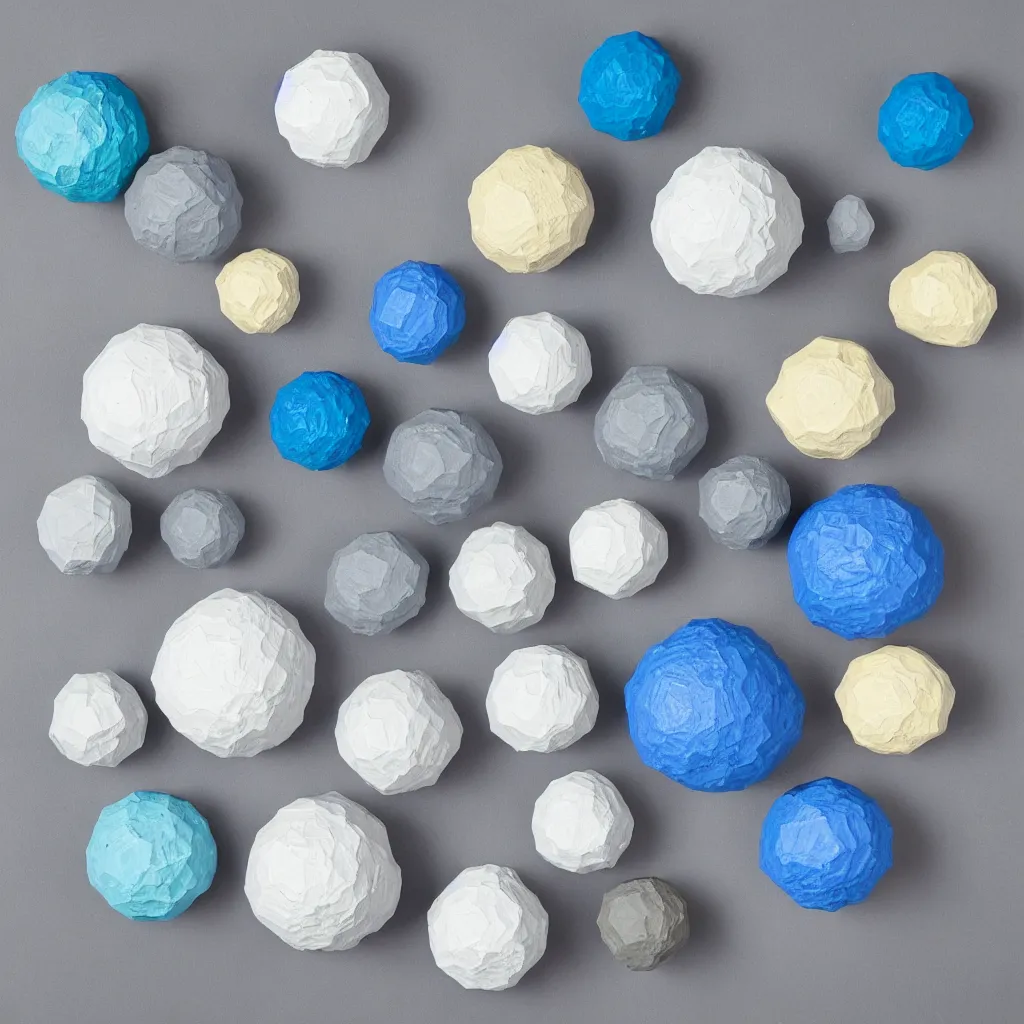 Prompt: 3 dimensional solid large globular geometric 3 d shapes made of solid impasto oil paint, with strong top right lighting creating shadows, colours cream and blue - grey
