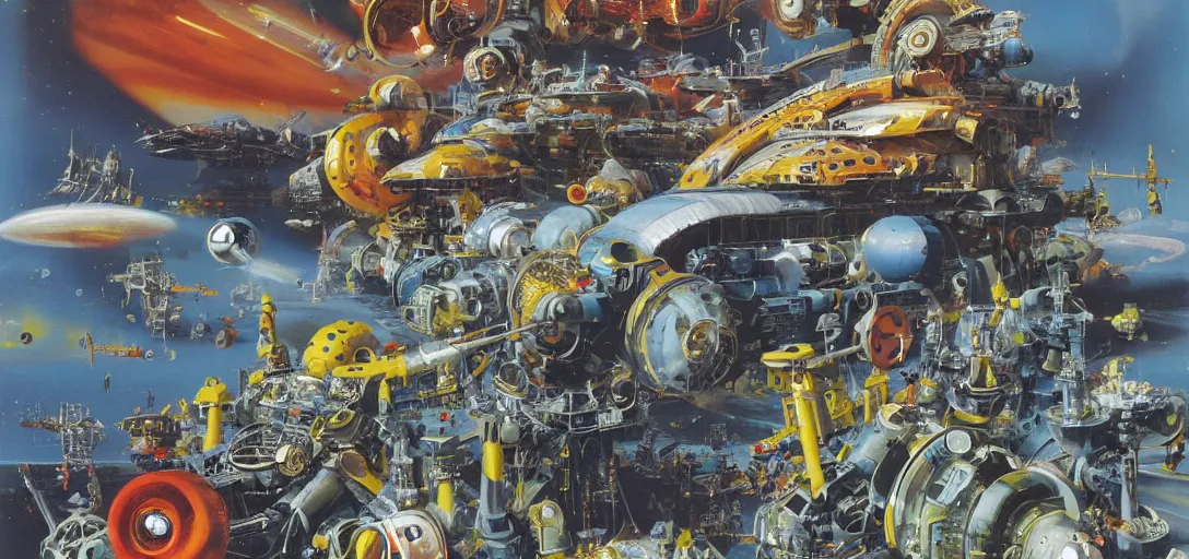 Image similar to a hypercomplex ray-gun gauss-cannon with numerous gadgets and doodads painted by john berkey and dr seuss