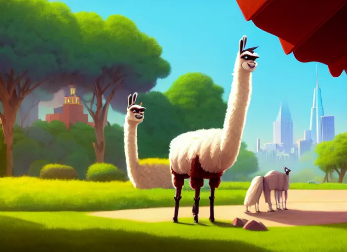 Image similar to a wholesome animation key shot of a llama, wearing a fez, new york zoo in the background, studio ghibli, pixar and disney animation, sharp, rendered in unreal engine 5, anime key art by greg rutkowski, bloom, dramatic lighting