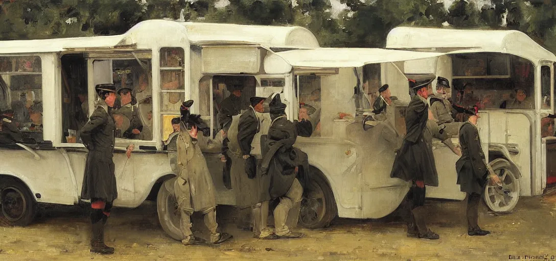 Prompt: painting of sad soldiers standing by an english ice cream van by emile friant