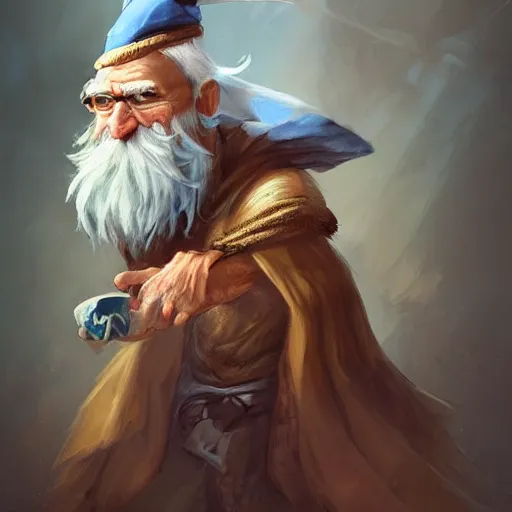Prompt: a kind old wizard with a long white beard looking a confused with a chicken perched on top of his hat, blue robe, realistic, detailed, trending on ArtStation, by Tony Sart
